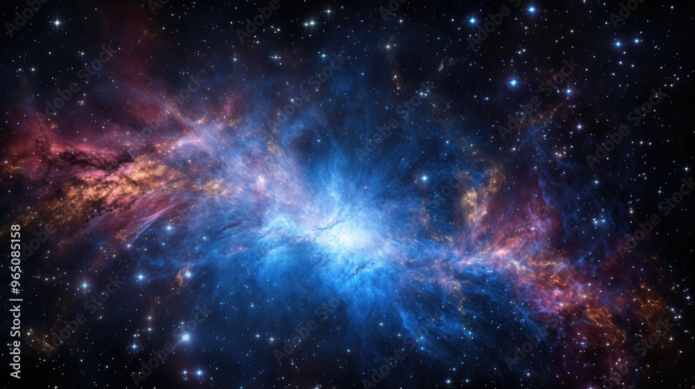 Naklejka premium A stunning cosmic landscape filled with swirling nebulae and twinkling stars. The vibrant colors and ethereal glow create a sense of wonder and awe.