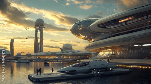 Fototapeta Naklejka Na Ścianę i Meble -  A concept of a futuristic spaceport where passengers board spacecraft for interstellar travel