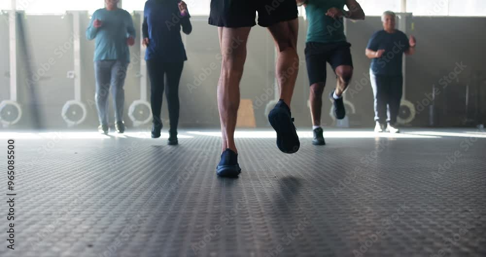 Coach, legs and group in gym with cardio, warm up and jog together for fitness in retirement. Person, mentor and elderly people with steps, advice and running with shoes to start workout for health