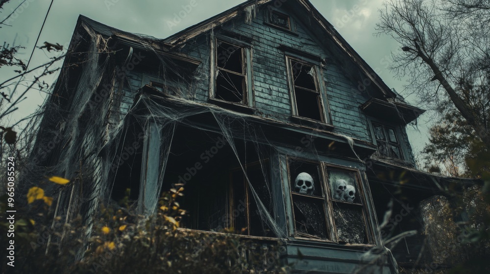 Abandoned House with Cobwebs and Skulls in the Windows Abandoned House with Cobwebs and Skulls in the Windows