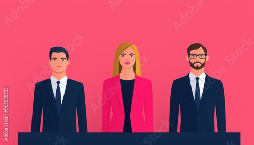 Three professionals in formal attire standing against a vibrant pink background, showcasing teamwork and collaboration.