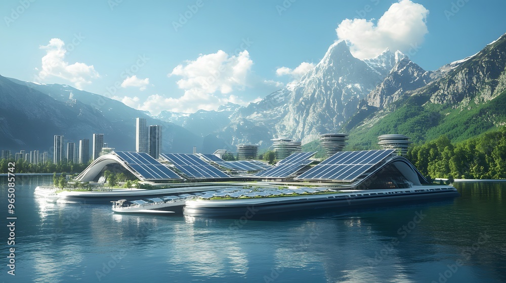 Obraz premium A concept of a floating solar farm powering a futuristic coastal city