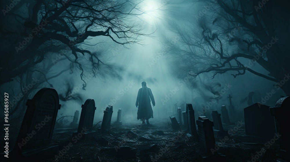 A solitary figure walks through a foggy graveyard at night A solitary figure walks through a foggy graveyard at night