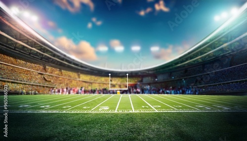 American football arena, grass field and blurred fans at playground view