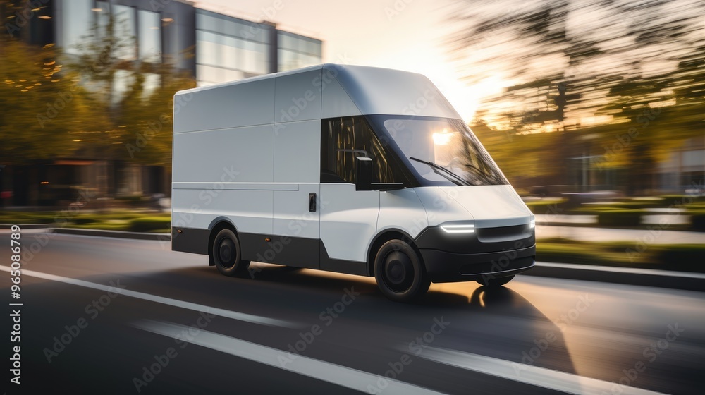 A white delivery van speeds down a highway, with the sun setting in the background. A white delivery van speeds down a highway, with the sun setting in the background.