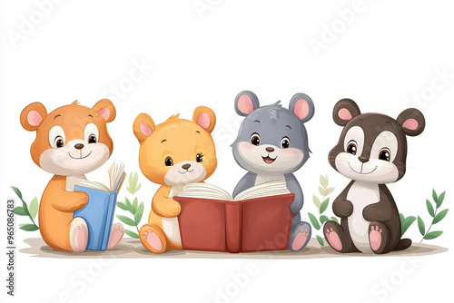 cartoon characters cute animals reading books white background