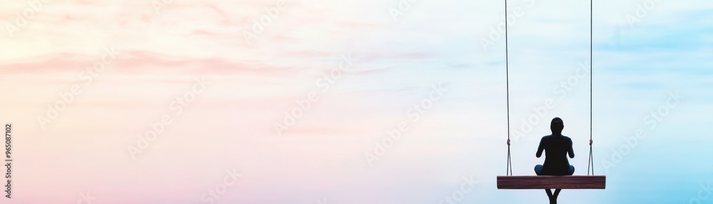 A serene silhouette of a person sitting on a swing during sunset, evoking peace and tranquility against a pastel sky. A serene silhouette of a person sitting on a swing during sunset, evoking peace and tranquility against a pastel sky.
