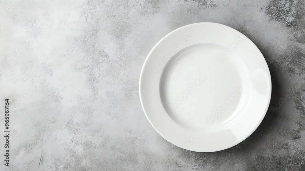 An empty white plate on a gray surface. An empty white plate on a gray surface.