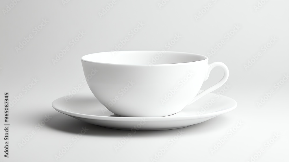 A white coffee cup and saucer on a white surface. A white coffee cup and saucer on a white surface.