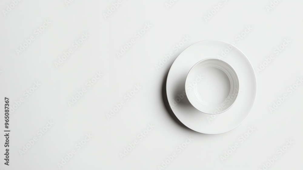 An empty bowl and plate on a white surface. An empty bowl and plate on a white surface.