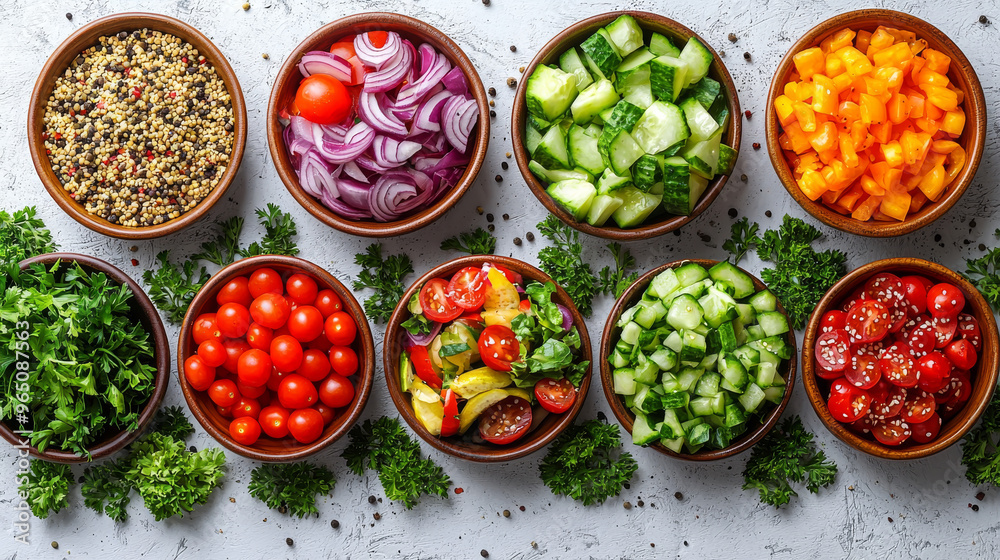Assortment of fresh vegetables in bowls, ready to be combined into a delicious salad. Assortment of fresh vegetables in bowls, ready to be combined into a delicious salad.