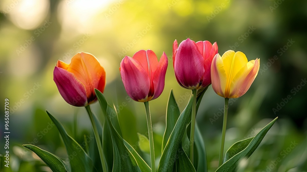 Closeup of Four Colorful Tulips Blooming in a Garden Closeup of Four Colorful Tulips Blooming in a Garden