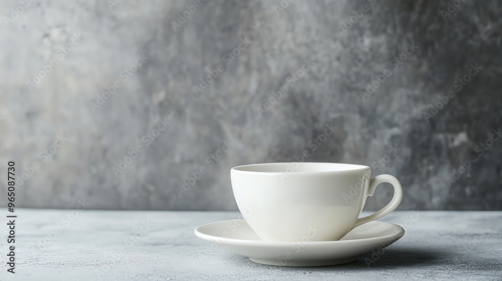 Fototapeta premium A white teacup and saucer on a gray surface.