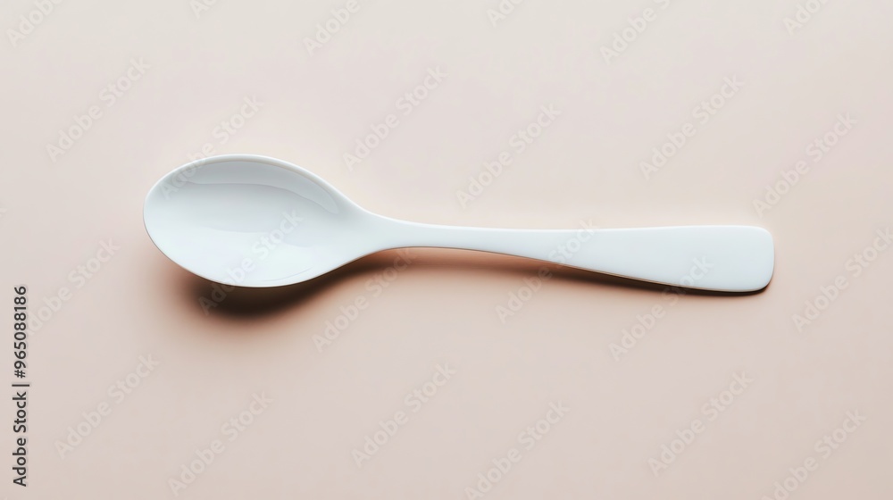 A white spoon on a peach background. A white spoon on a peach background.