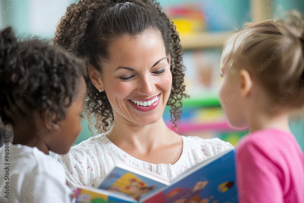 Teacher Reading a Story to Two Young Students Teacher Reading a Story to Two Young Students