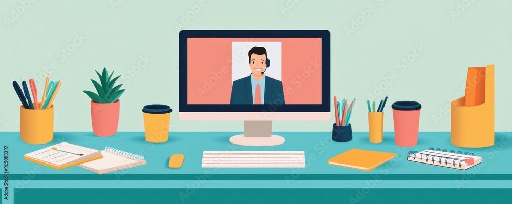 Fototapeta premium A vibrant, modern workspace featuring a computer screen with a video call, plants, and organized office supplies.