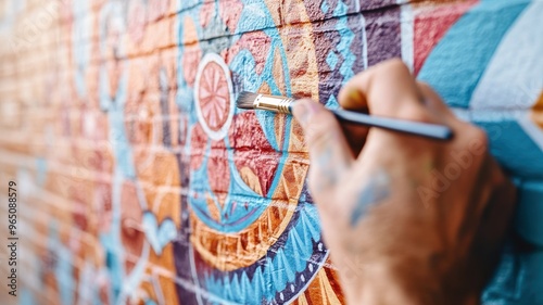 A vibrant close-up of a hand painting an intricate mural on a brick wall, showcasing artistic talent and creativity.
