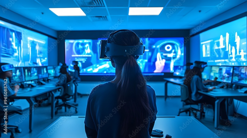 A high-tech virtual classroom where students use holographic textbooks and interactive lessons
