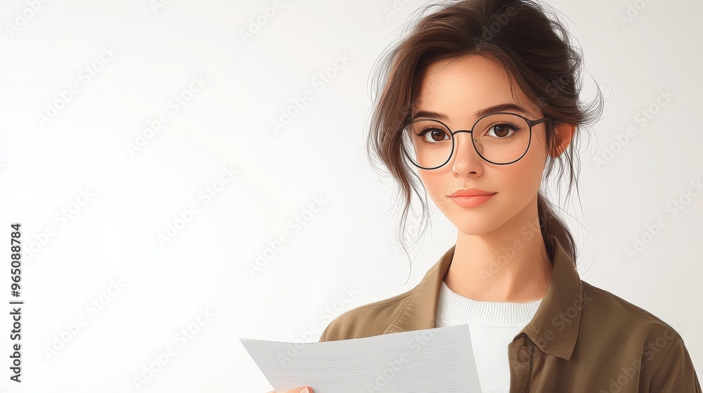 Confident Woman Reading Paper: A young woman with a sophisticated look gazes intently at a paper in her hand, radiating confidence and intelligence. Her round glasses and warm smile create a sense of Confident Woman Reading Paper: A young woman with a sophisticated look gazes intently at a paper in her hand, radiating confidence and intelligence. Her round glasses and warm smile create a sense of