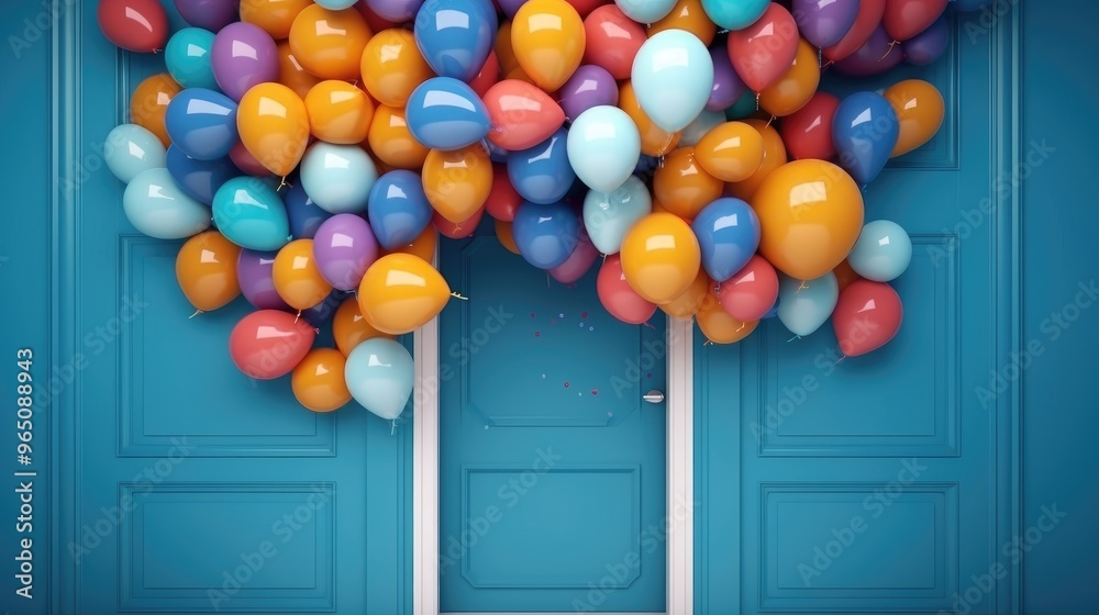 Obraz premium Colorful balloons float in front of a blue door, creating a festive and celebratory atmosphere.