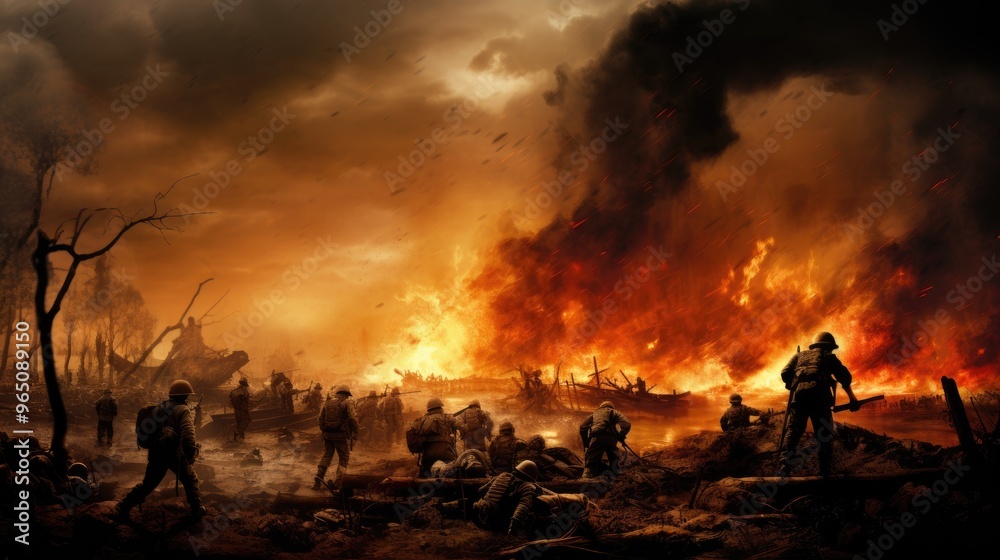 Silhouettes of soldiers stand against a backdrop of a fiery inferno, a powerful image of war and destruction. Silhouettes of soldiers stand against a backdrop of a fiery inferno, a powerful image of war and destruction.