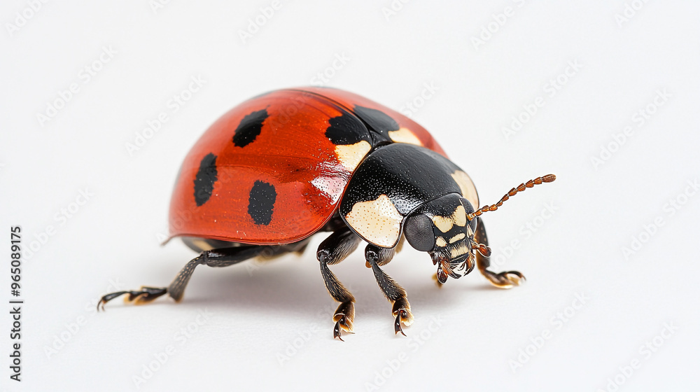 A close-up view of a ladybug on a neutral background showcasing its vivid red shell and distinctive black spots A close-up view of a ladybug on a neutral background showcasing its vivid red shell and distinctive black spots