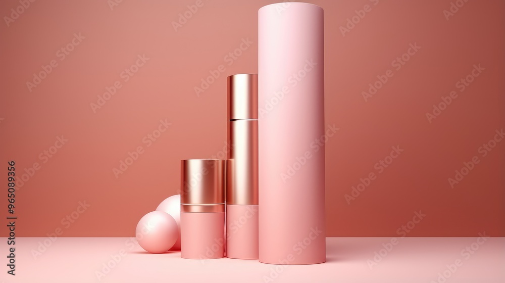 Three pink and gold cylindrical containers stand on a pink surface, with a large pink sphere in the foreground. The background is a soft, peachy pink. Three pink and gold cylindrical containers stand on a pink surface, with a large pink sphere in the foreground. The background is a soft, peachy pink.