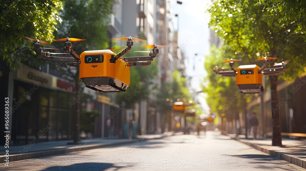 Obraz premium A smart city street where autonomous delivery drones transport goods to homes and businesses