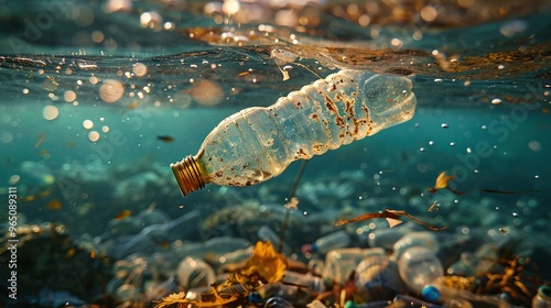 A bottle of water is floating in the ocean