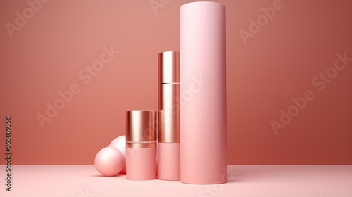 Three pink and gold cylindrical containers stand on a pink surface, with a large pink sphere in the foreground. The background is a soft, peachy pink.