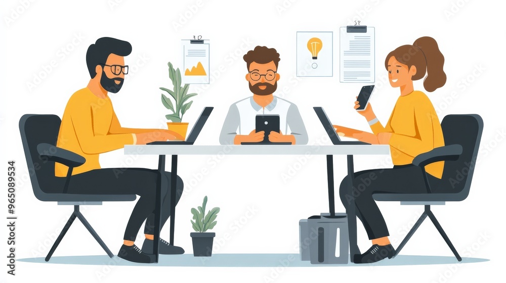 Collaborative Teamwork in a Modern Office: A vibrant illustration depicting a diverse team of professionals working together at a desk. They are engaged in various tasks, showcasing a dynamic and col Collaborative Teamwork in a Modern Office: A vibrant illustration depicting a diverse team of professionals working together at a desk. They are engaged in various tasks, showcasing a dynamic and col