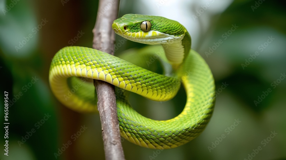 A vibrant green snake coiled around a branch, showcasing its striking colors and intricate scales in a natural setting. A vibrant green snake coiled around a branch, showcasing its striking colors and intricate scales in a natural setting.