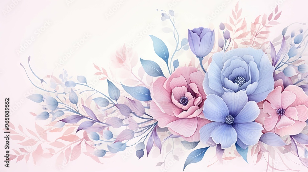 Delicate Pastel Pink and Blue Flowers with White Background Delicate Pastel Pink and Blue Flowers with White Background