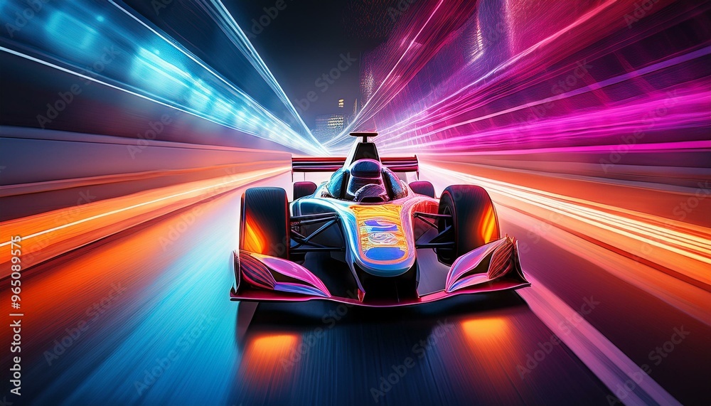 Fast racing car driving on high speed along the street with blurred lights in neon Fast racing car driving on high speed along the street with blurred lights in neon
