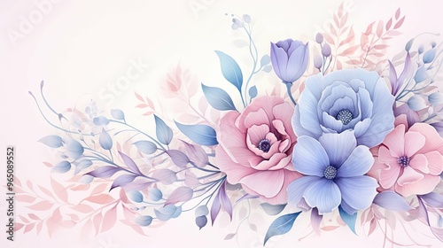 Delicate Pastel Pink and Blue Flowers with White Background