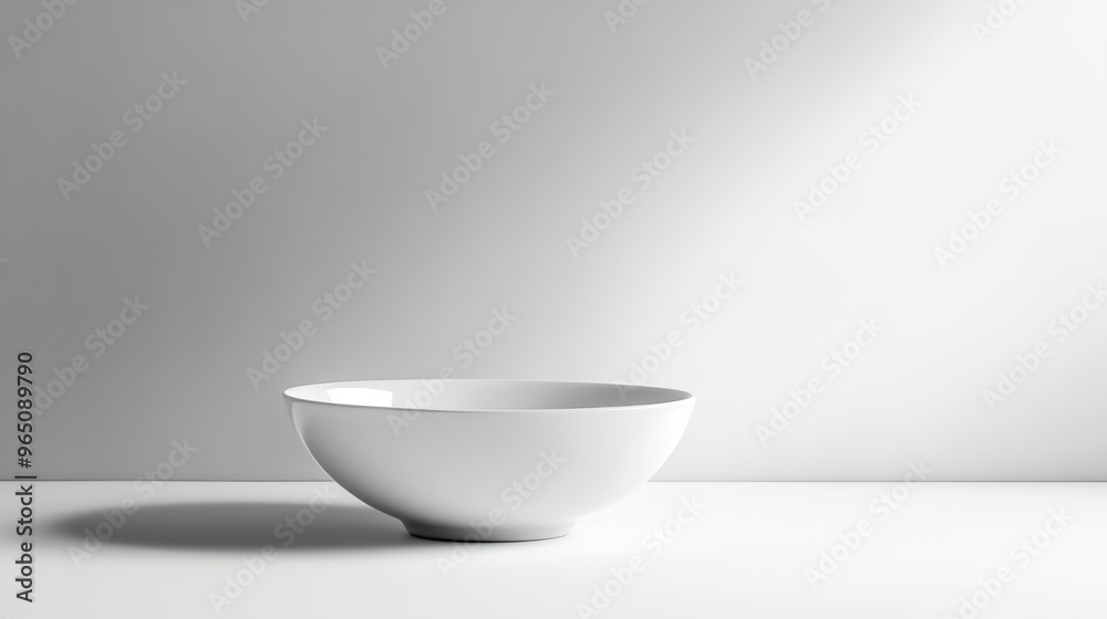 A white ceramic bowl on a white surface with a white background. A white ceramic bowl on a white surface with a white background.