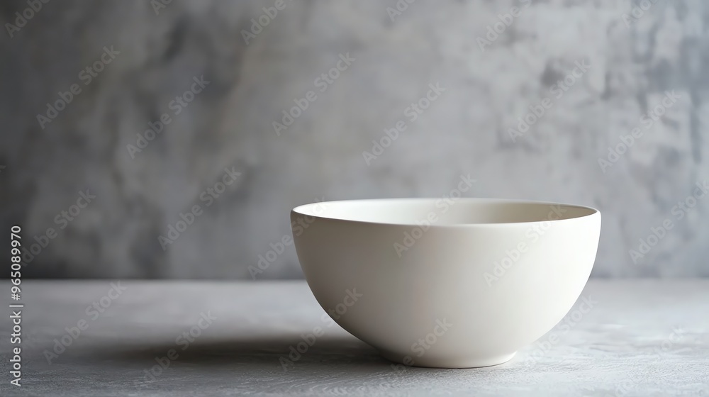 A white ceramic bowl on a gray surface with a gray wall in the background. A white ceramic bowl on a gray surface with a gray wall in the background.