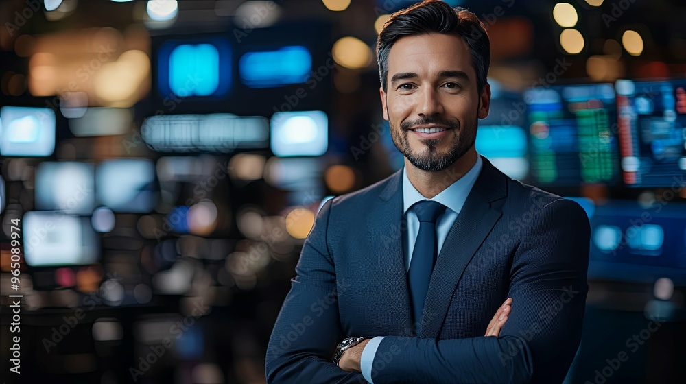 Confident Businessman in a Suit Standing in Front of Blurred Screens