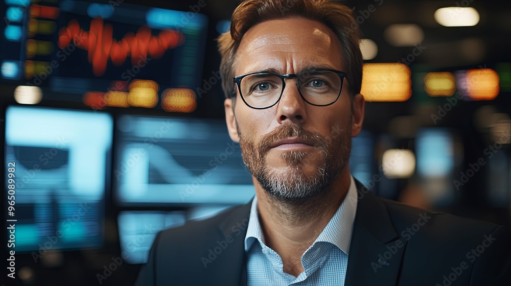 Serious businessman wearing glasses looking directly at the camera in a dimly lit office. Serious businessman wearing glasses looking directly at the camera in a dimly lit office.