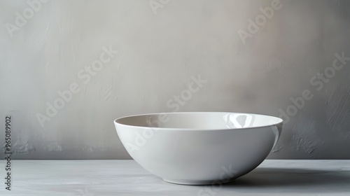 A white ceramic bowl on a white surface in front of a light grey wall.