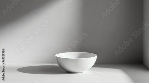 A white ceramic bowl on a white surface with a white background.