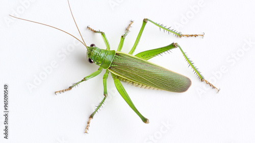 A close-up of a vibrant green grasshopper showcasing intricate details and textures on a clear background in natural lighting photo