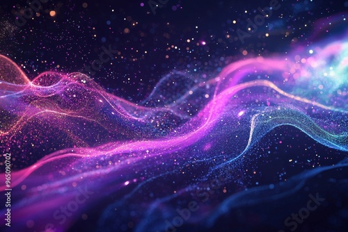 Vibrant digital background with dynamic waves of light energy and cosmic particles creating a