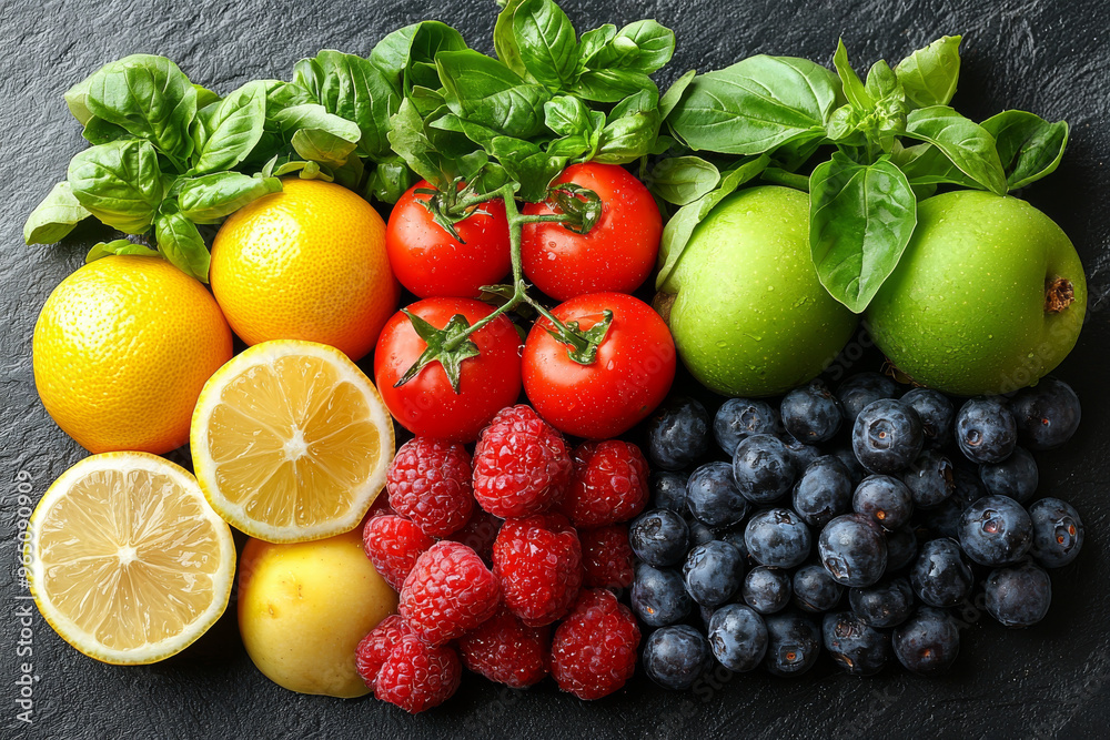 Fresh fruit and berries arranged in a rainbow pattern. Fresh fruit and berries arranged in a rainbow pattern.
