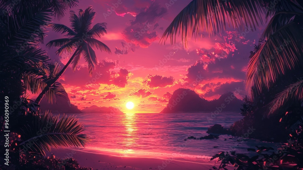 Obraz premium Vibrant Tropical Sunset Over Picturesque Beach Landscape with Palm Trees and Glowing Horizon