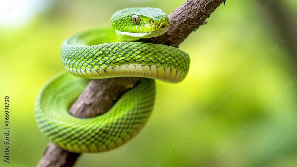 Obraz premium Close-up of a vibrant green snake resting on a branch in a lush green environment, showcasing its striking scales and eyes.
