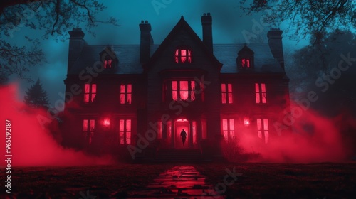 Silhouette of a Figure Entering a Large, Eerie Mansion Bathed in Red Light