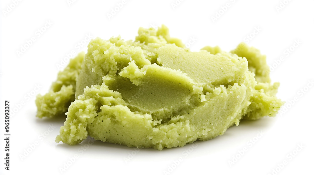 Creamy green wasabi paste resting on a white surface ready to enhance flavor in sushi and Asian dishes Creamy green wasabi paste resting on a white surface ready to enhance flavor in sushi and Asian dishes