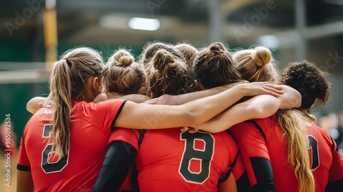 A volleyball team huddles up. photo