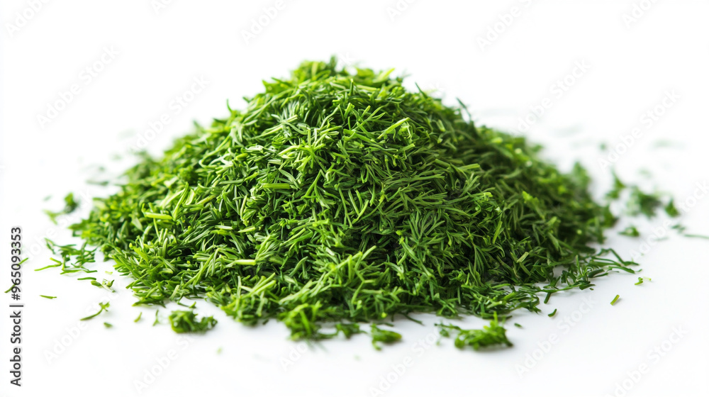 Freshly chopped dill herb piled on a clean white surface with vibrant green color, perfect for culinary use in various dishes Freshly chopped dill herb piled on a clean white surface with vibrant green color, perfect for culinary use in various dishes